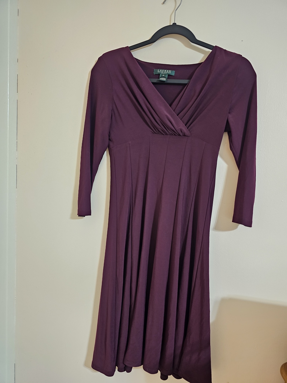 Lauren Ralph Lauren Plum V-Neck Long Sleeve Knee Length Dress Stretch Fit Flare